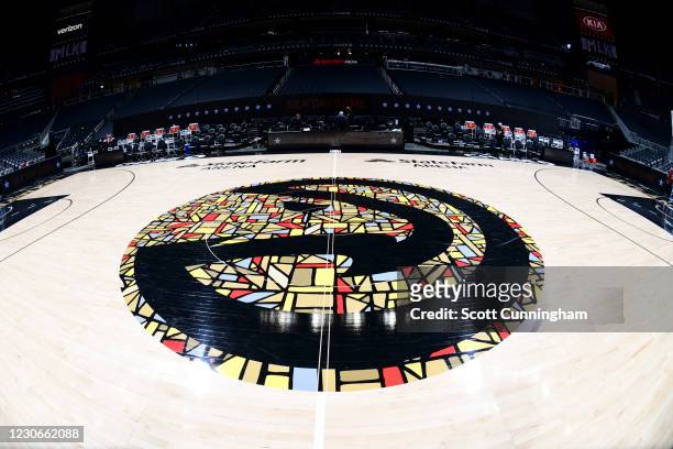 The Atlanta Hawks court on January 18, 2021 at State Farm Arena in Atlanta, Georgia. NOTE TO USER: User expressly acknowledges and agrees that, by...