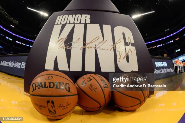 View of signage prior to the game between the Los Angeles Lakers and the Golden State Warriors on January 18, 2021 at STAPLES Center in Los Angeles,...