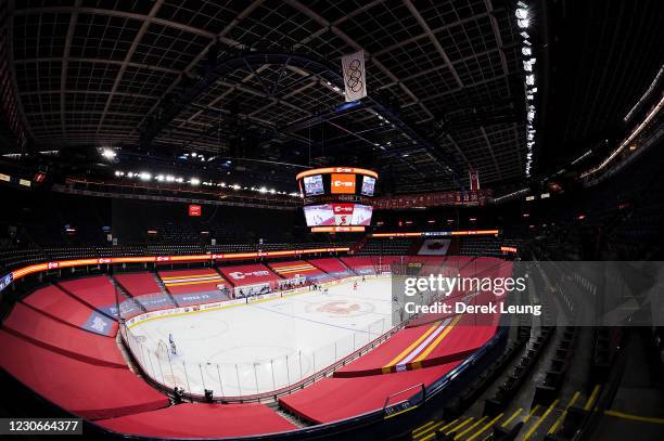 General view of the interior of Scotiabank Saddledome prior to an NHL game between the Calgary Flames and the Vancouver Canucks during an NHL game at...