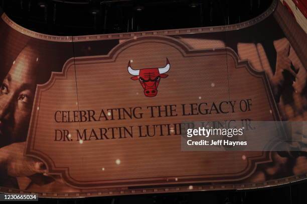 The Chicago Bulls celebrate the life of Dr. Martin Luther King Jr. Before the game against the Houston Rockets on January 18, 2021 at United Center...