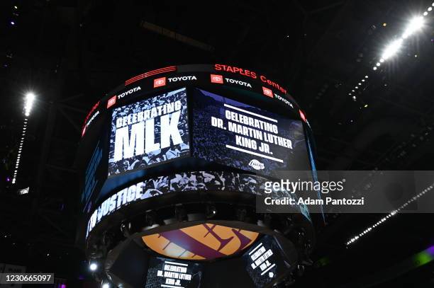 View of signage prior to a game between the Golden State Warriors and the Los Angeles Lakers on January 18, 2021 at STAPLES Center in Los Angeles,...