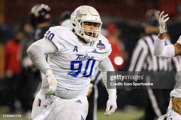 Tulsa Golden Hurricane defensive lineman Jaxon Player reacts during the AAC Championship game against the Tulsa Golden Hurricane and the Cincinnati...