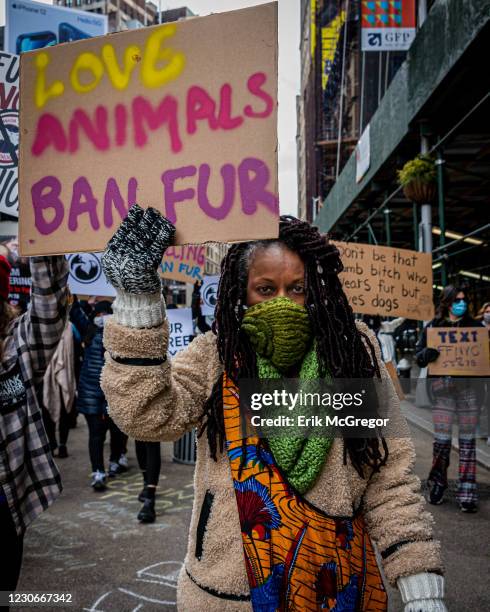 Animal rights activists seen holding signs while marching through the streets of New York. Hundreds of Animal Rights activists targeted the gruesome...