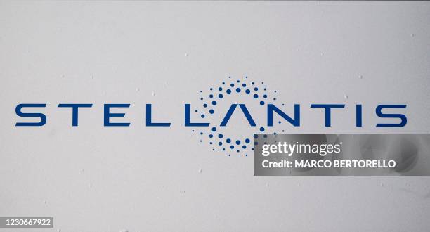 Picture taken on January 19, 2021 shows the logo of Stellantis, the company forged in mega-merger of Fiat and Peugeot, after it was added on the...