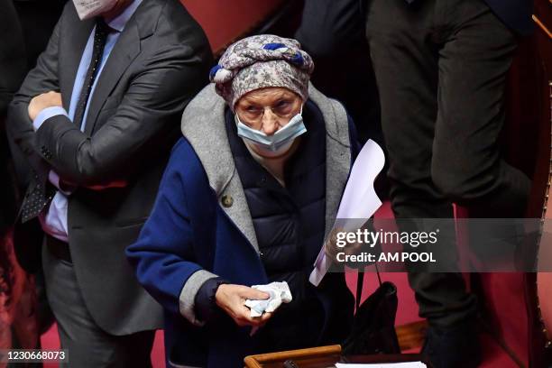 Emma Bonino leader of +Europa wearing a protective mask attends the communications on the current political situation at the Italian Senate before...