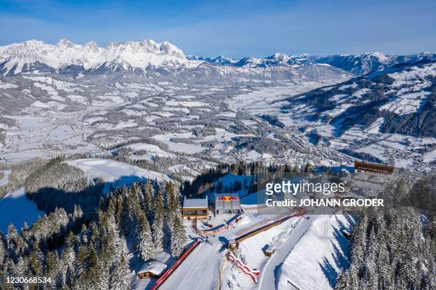 An overview taken on January 19, 2021 shows the starthouse of the Streif downhill skiing slope prior to the 81st Hahnenkamm race of the men's alpine...