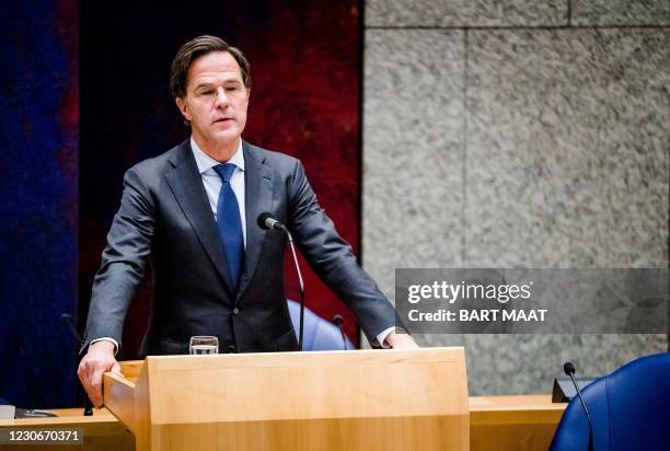 Resigning Dutch Prime Minister Mark Rutte gives a statement in the House of Representatives about the resignation of the cabinet after the harsh...