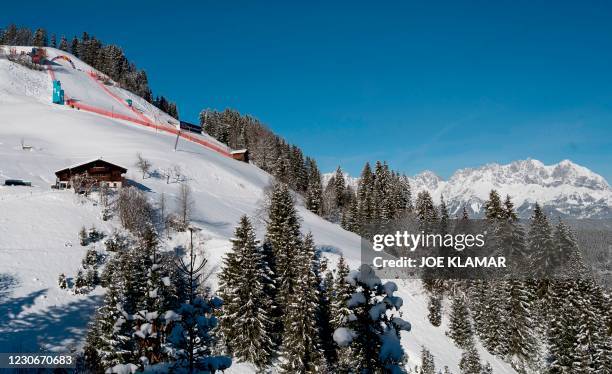 General view of the Streif downhill skiing slope prior to the 81st Hahnenkamm race of the men's alpine ski World Cup in Kitzbuehel, Austria, on...