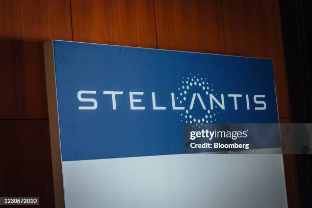 Stellantis NV logo in the automaker's technical center in Velizy-Villacoublay near Paris, France, on Tuesday, Jan. 19, 2021. Stellantis, the carmaker...