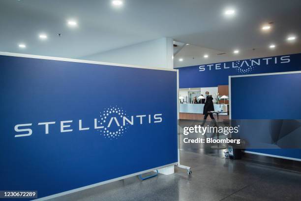Stellantis NV logo in the automaker's technical center in Velizy-Villacoublay near Paris, France, on Tuesday, Jan. 19, 2021. Stellantis, the carmaker...