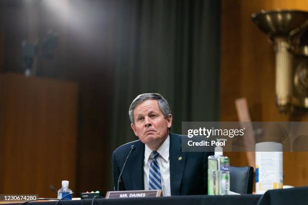 Sen. Steve Daines speaks during a Senate Finance Committee hearing for Janet L. Yellen, President-elect Joe Biden's nominee for Treasury Secretary,...