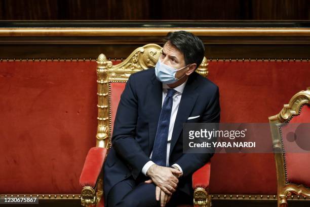 Italian Prime Minister Giuseppe Conte attends a debate ahead of a confidence vote at the Senate on January 19, 2021 at Palazzo Madama in Rome. -...