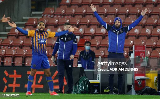 Shrewsbury Town's assistant manager Aaron Wilbraham reacts during the English FA Cup football third round match between Southampton and Shrewsbury...