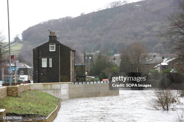 Flood defences in Mytholmroyd, West Yorkshire. Residents of Mytholmroyd experienced flooding during storms Ciara and Dennis in 2020. Residents are...