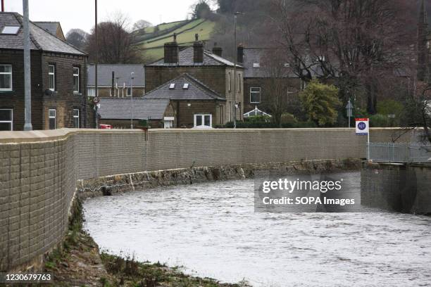Flood defences in Mytholmroyd, West Yorkshire. The walls were completed in 2020 after Mytholmroyd experienced heavy flooding during storm Ciara and...