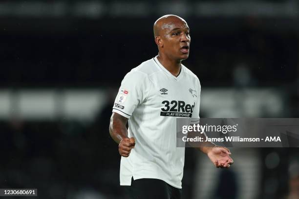 Andre Wisdom of Derby County during the Sky Bet Championship match between Derby County and AFC Bournemouth at Pride Park Stadium on January 19, 2021...