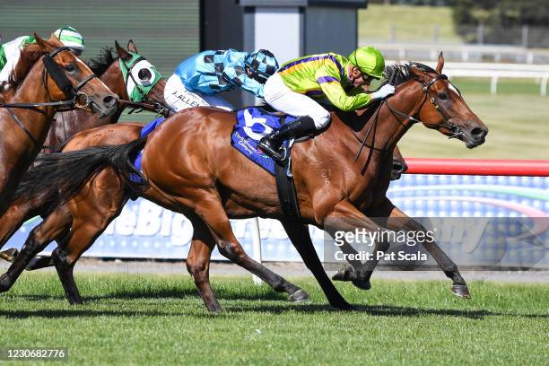 Good And Proper ridden by Daniel Moor wins the The Big Screen Company Handicap at Ladbrokes Park Lakeside Racecourse on January 20, 2021 in...
