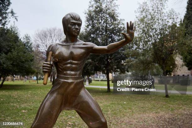 Statue of American actor Bruce Lee is seen on a park on January 10, 2021 in Mostar, Bosnia and Herzegovina. The statue created by sculptor Ivan...