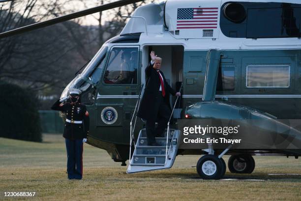 President Donald Trump boards Marine One as he departs the White House on January 20, 2021 in Washington, DC. Trump is making his scheduled departure...