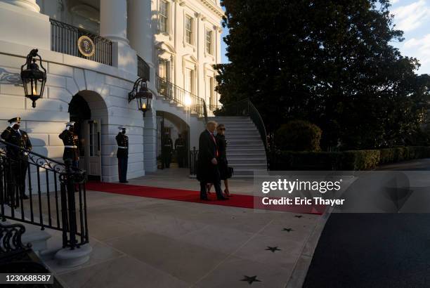 President Donald Trump and first lady Melania Trump depart the White House on January 20, 2021 in Washington, DC. Trump is making his scheduled...