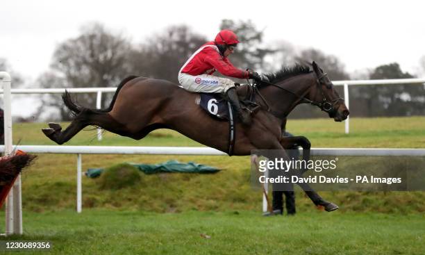 Firak ridden by Harry Skelton jumps the last prior to winning the Thanks To Dai Matthews Maiden Hurdle at Chepstow Racecourse. Picture date:...