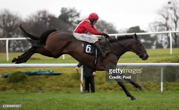 Firak ridden by Harry Skelton jumps the last prior to winning the Thanks To Dai Matthews Maiden Hurdle at Chepstow Racecourse on January 20, 2021 in...