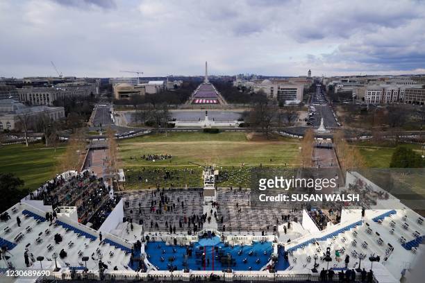 This photograph taken from the West Front of the US Capitol shows preparations made before the 59th Presidential Inauguration of US President-elect...