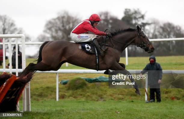 Firak ridden by Harry Skelton jumps the last prior to winning the Thanks To Dai Matthews Maiden Hurdle at Chepstow Racecourse on January 20, 2021 in...