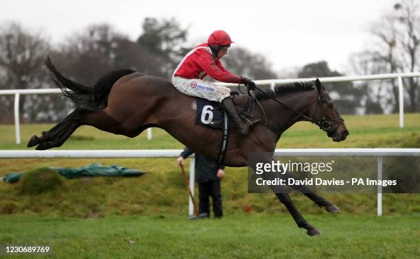 Firak ridden by Harry Skelton jumps the last prior to winning the Thanks To Dai Matthews Maiden Hurdle at Chepstow Racecourse. Picture date:...