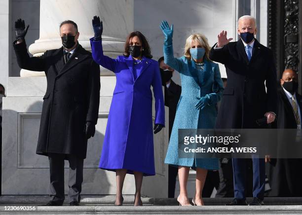 Doug Emhoff, US Vice President-elect Kamala Harris, incoming US First Lady Jill Biden, US President-elect Joe Biden arrive for the inauguration of...