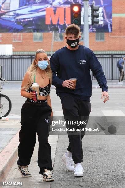 Tana Mongeau and Harry Jowsey head out for a coffee together on January 20, 2021 in Los Angeles, California. (Photo by Rachpoot/MEGA/GC Images