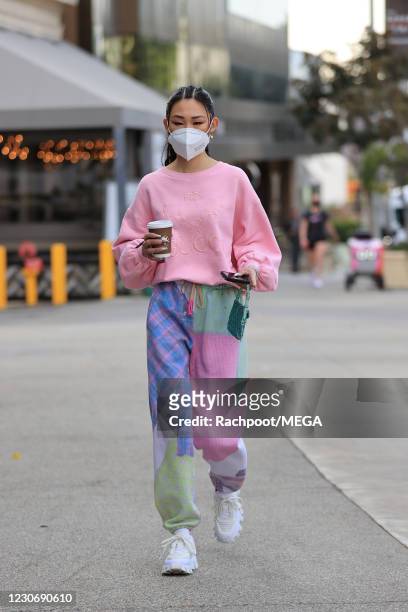 Bling Empire star Jaime Xie grabs a hot drink from The Butcher, The Baker, The Cappuccino Make on January 20, 2021 in Los Angeles, California. (Photo...