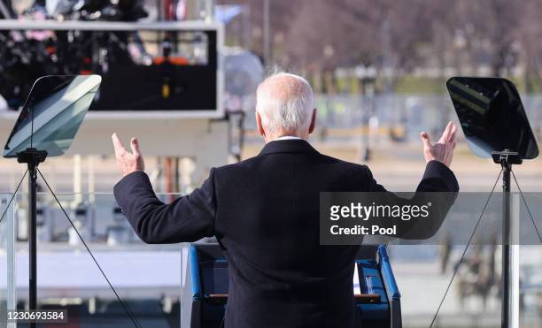 President Joe Biden gives his inaugural address on the West Front of the U.S. Capitol on January 20, 2021 in Washington, DC. During today's...
