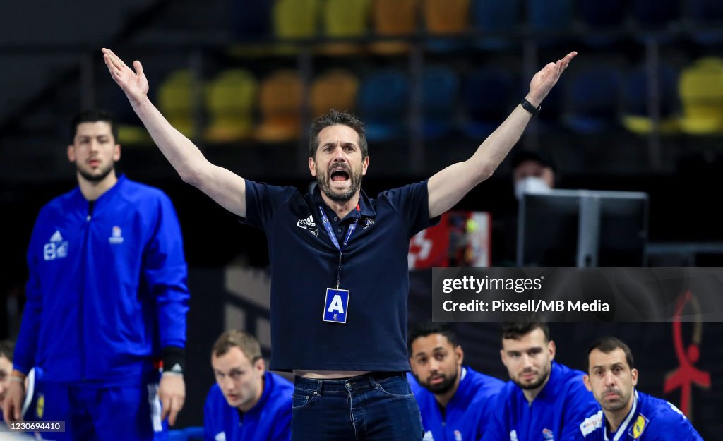 Head coach of France Guillaume Gille reacts during the 27th IHF Men's ...