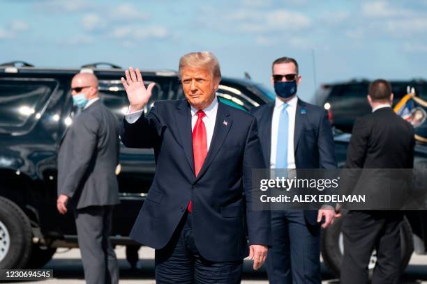 Outgoing US President Donald Trump waves after landing at Palm Beach International Airport in West Palm Beach, Florida, on January 20, 2021. -...
