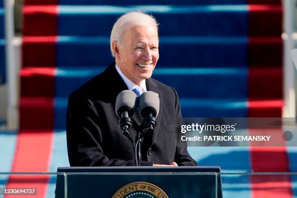 President Joe Biden delivers his Inauguration speech after being sworn in as the 46th US President on January 20 at the US Capitol in Washington, DC.