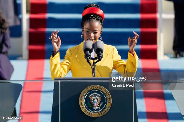 American poet Amanda Gorman reads a poem during the the 59th inaugural ceremony on the West Front of the U.S. Capitol on January 20, 2021 in...