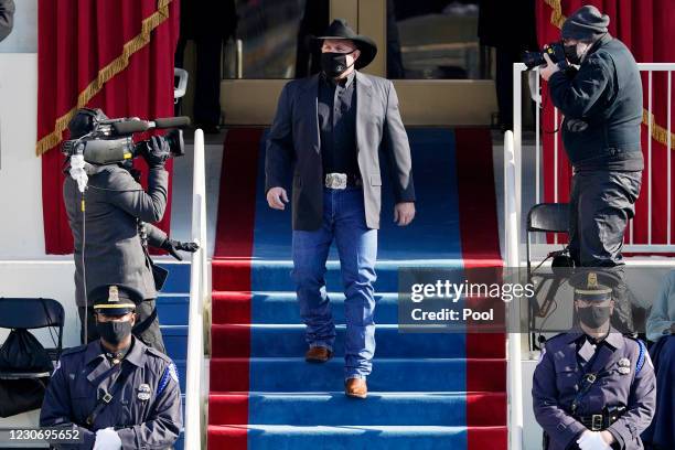 Garth Brooks arrives to sing Amazing Grace during the the 59th inaugural ceremony on the West Front of the U.S. Capitol on January 20, 2021 in...