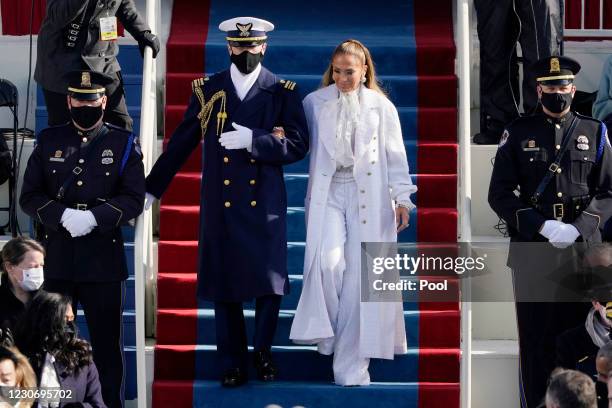 Jennifer Lopez arrives to sing during the 59th inaugural ceremony on the West Front of the U.S. Capitol on January 20, 2021 in Washington, DC. During...