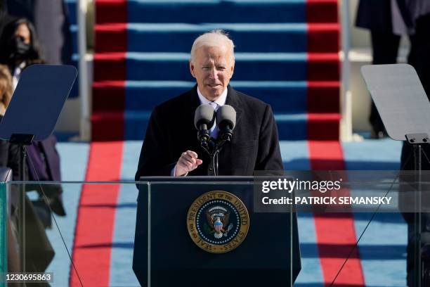 Joe Biden delivers a speech after being sworn in as the 46th president of the United States during the 59th Presidential Inauguration at the US...