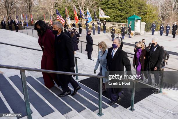 Former President Bill Clinton with wife, former Secretary of State, Hillary Clinton, former U.S. President George W. Bush with his wife Laura Bush,...
