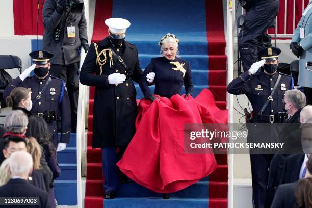 Lady Gaga arrives to sing the National Anthem during the inauguration of Joe Biden as the 46th US President on January 20 at the US Capitol in...