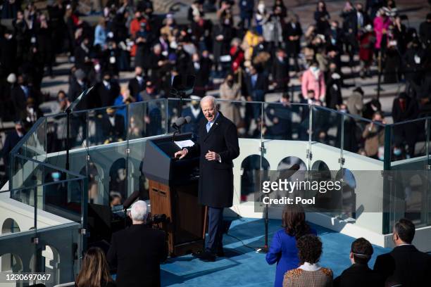 President Joe Biden delivers his inaugural address after being sworn in on the West Front of the U.S. Capitol on January 20, 2021 in Washington, DC....