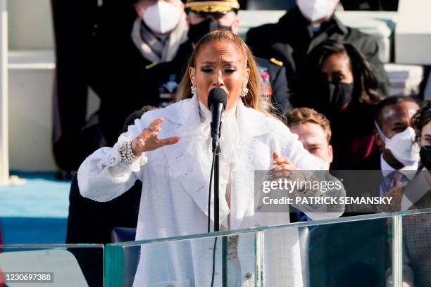 Singer Jennifer Lopez performs during the 59th Presidential Inauguration on January 20 at the US Capitol in Washington, DC.