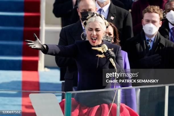 Lady Gaga sings the National Anthem during the inauguration of Joe Biden as the 46th US President on January 20 at the US Capitol in Washington, DC.