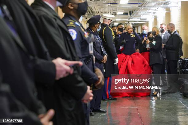 Lady Gaga prepares to sing the National Anthem at the inauguration of Joe Biden as the 46th US President on January 20 at the US Capitol in...