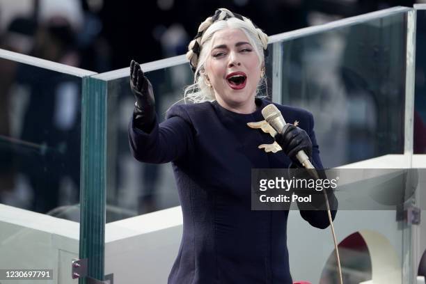 Lady Gaga performs the National Anthem during the 59th Presidential Inauguration for President-elect Joe Biden and Vice President-elect Kamala Harris...