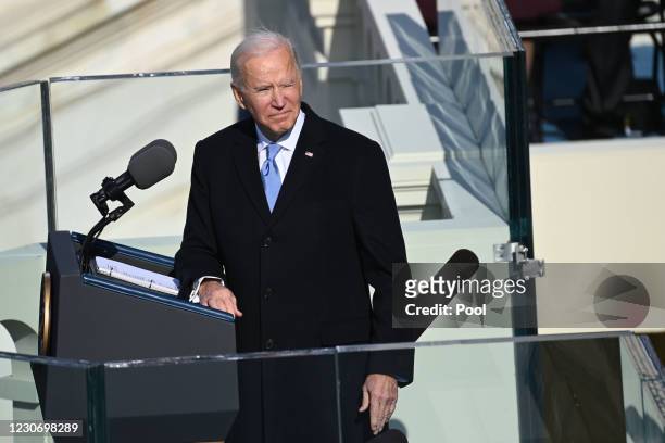 President Joe Biden gives his Inauguration speech after being sworn in as the 46th US President during the 59th Presidential Inauguration at the U.S....