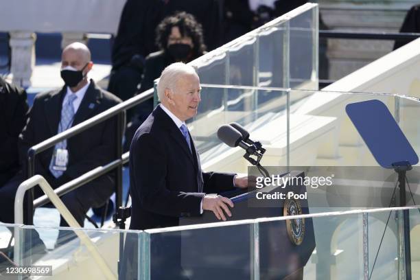President Joe Biden delivers his inaugural address during the inauguration on the West Front of the U.S. Capitol on January 20, 2021 in Washington,...