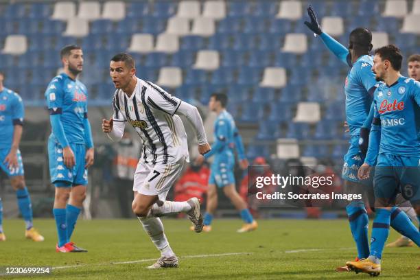 Cristiano Ronaldo of Juventus Celebrates 1-0 during the Italian Super Cup match between Juventus v Napoli at the Allianz Stadium on January 20, 2021...